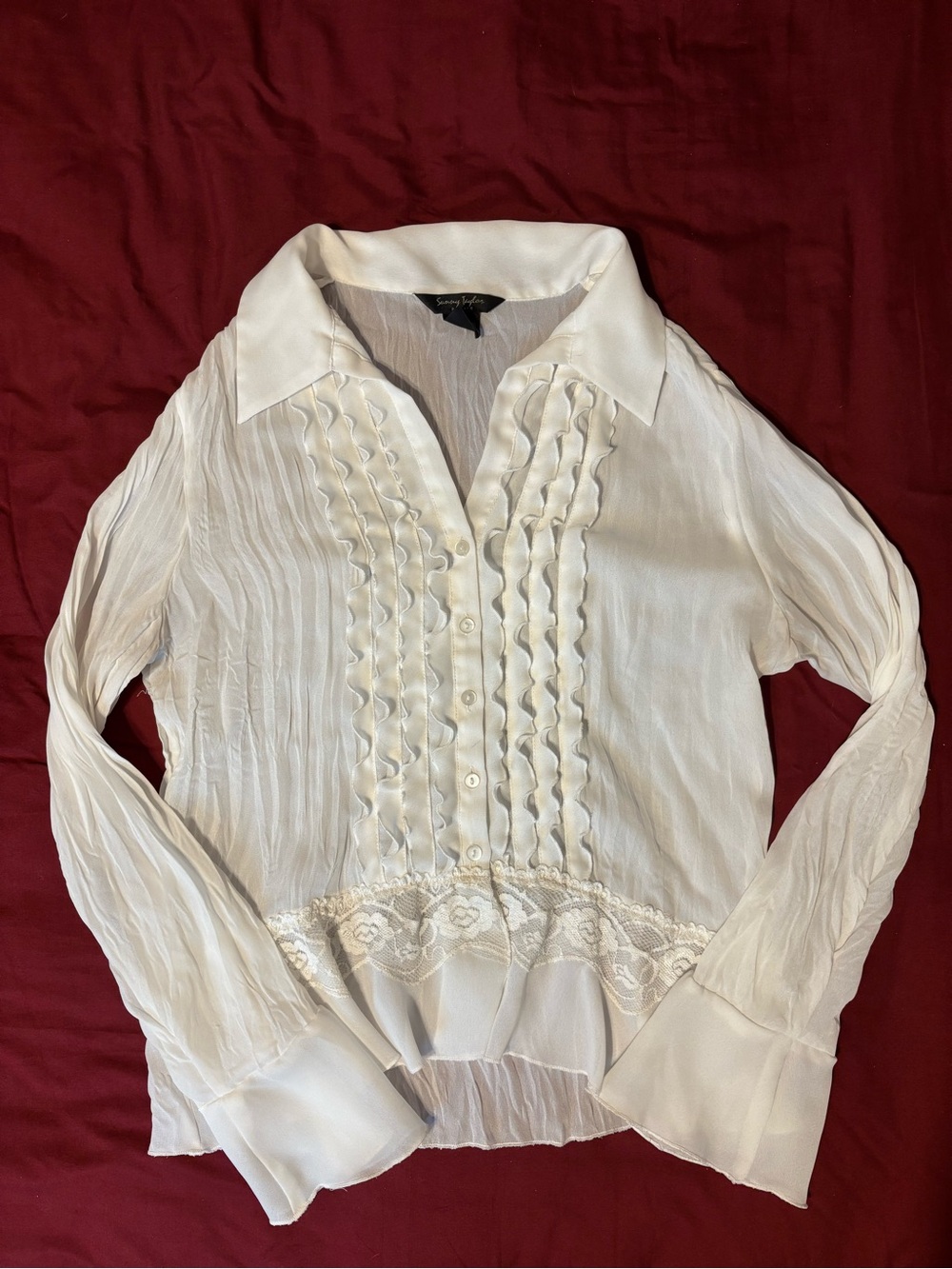 white ruffled button up lace blouse (Sunny Taylor)